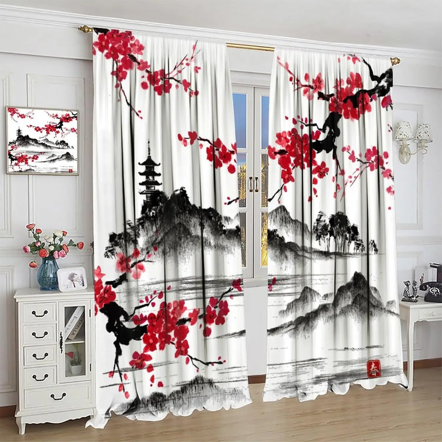 ผ้าม่านหน้าต่างลายดอกซากุระ, ผ้าม่านลายภูเขาฟูจิแบบญี่ปุ่น, ผ้าม่านหน้าต่างสไตล์เอเชีย ลายสีน้ำ วินเทจ 1