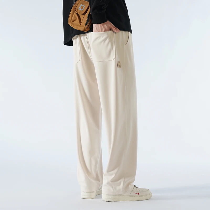 Spring Autumn Elastic High Waisted Solid Color Pockets Men's Clothing Casual Loose Wide Leg Trousers Preppy Style Sweatpants