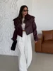 Chic Burgundy Cropped Leather Jacket For Women Elegant Lapel V Neck Long Sleeve Pockets Short Coat 2024 Female Fashion Outerwear 2
