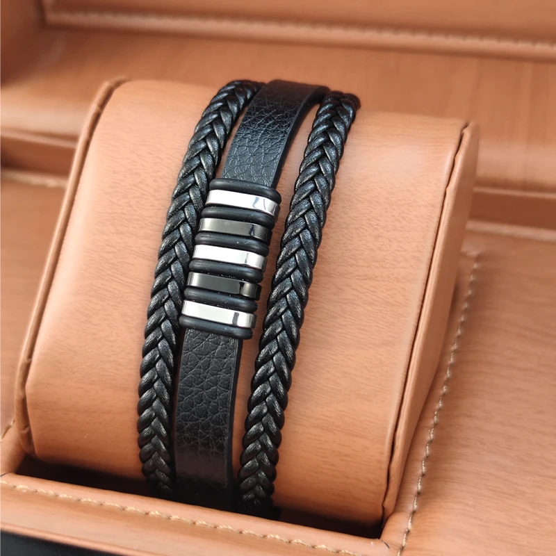 Charm Design Men&rsquo;s Leather Bracelet Stainless Steel Magnet Bangle bracelet jewelry