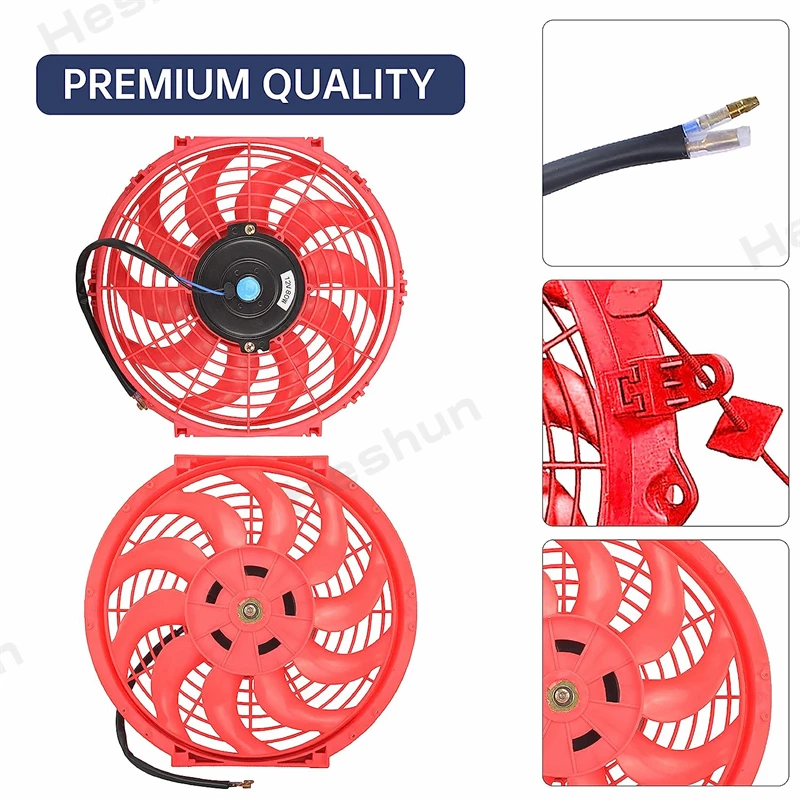 2 Pieces 2x12" Inch Universal Slim Fan Push Pull Electric Radiator Cooling Fans 12V 80W Mount Kit 2000 RPM Red High Performance