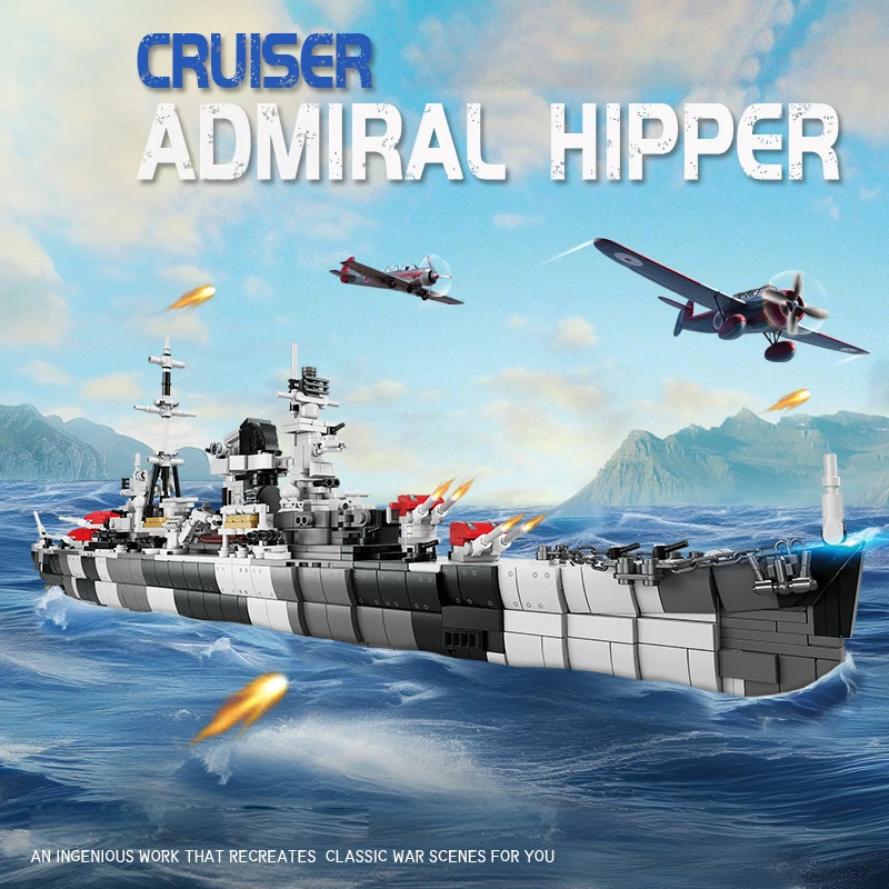 

World War Military Ship Batisbricks Ww2 Germany Admiral Hipper Class Cruiser Model Building Block Vehicle Brick Toy With Light