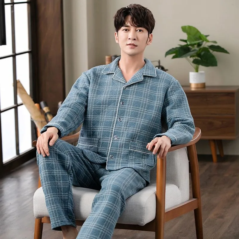 2024 New Men Pajamas Autumn Winter Knitted Cotton Sleepwear Plus Thick Quilted Loungewear Suit Air Cotton Spring V-neck Homewear