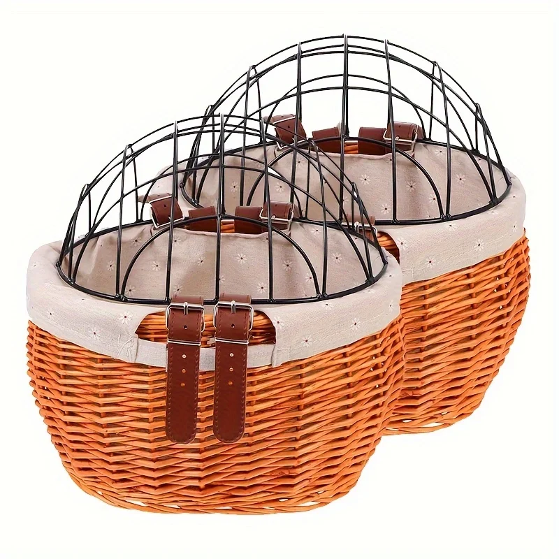 Baisher Woven Rattan Bike Basket with Lid Durable Acrylic Fiber Pet-Friendly Front Carrier for Dogs & Cats