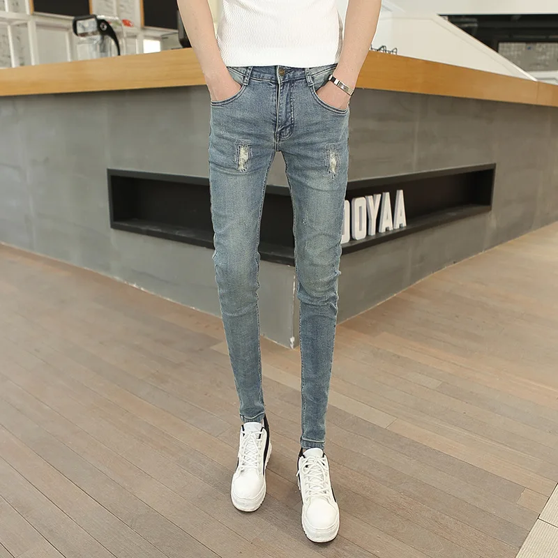 

Wholesale 2022 New Autumn Winter Korean Simple Ripped Hole Patch Man's Small Leg Youth Versatile Beggar Pants Skinny Jeans Men