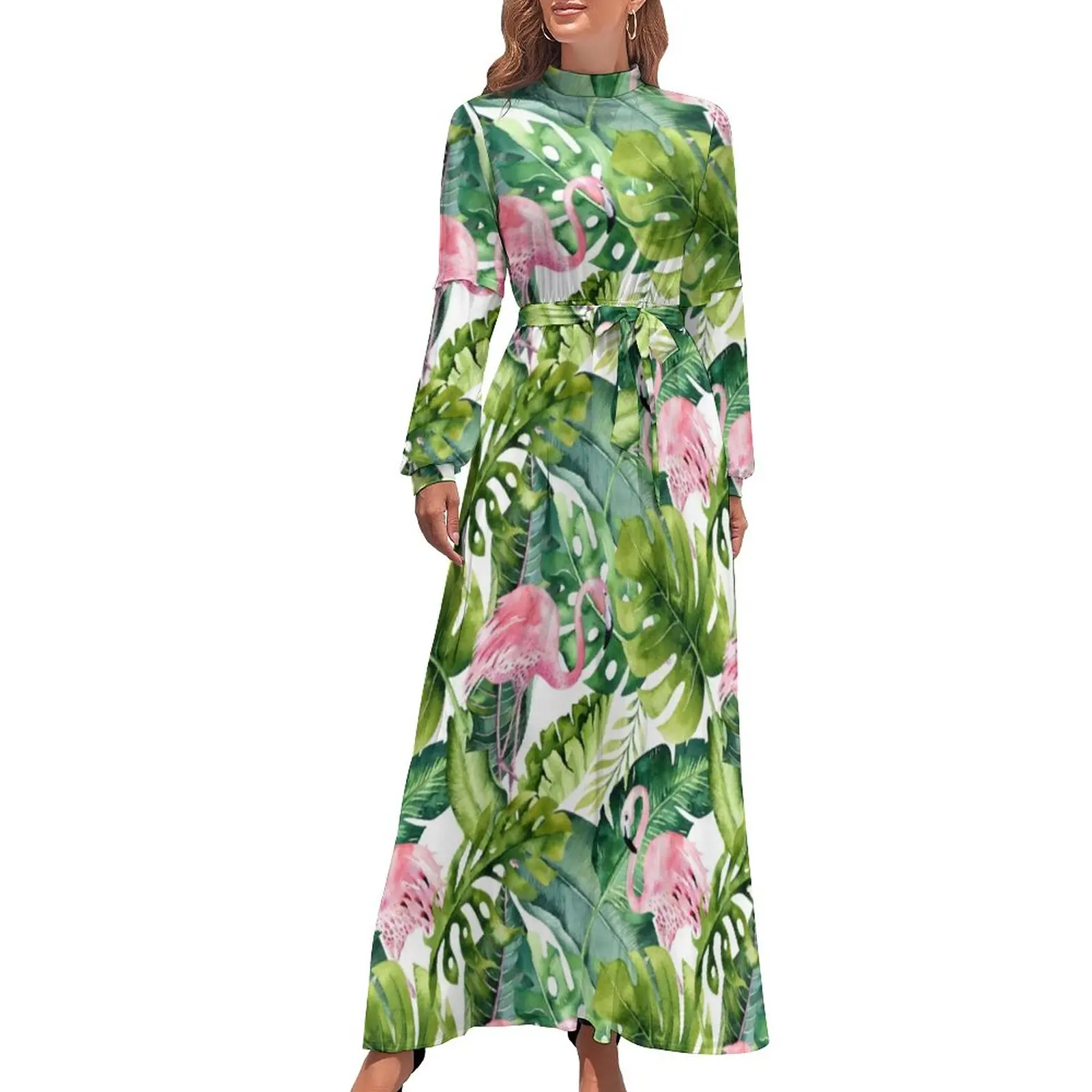 

Pink Flamingo Pattern Dress Chic Tropical Leaves Elegant Maxi Dress Streetwear Boho Beach Long Dresses High Neck Pattern Vestido