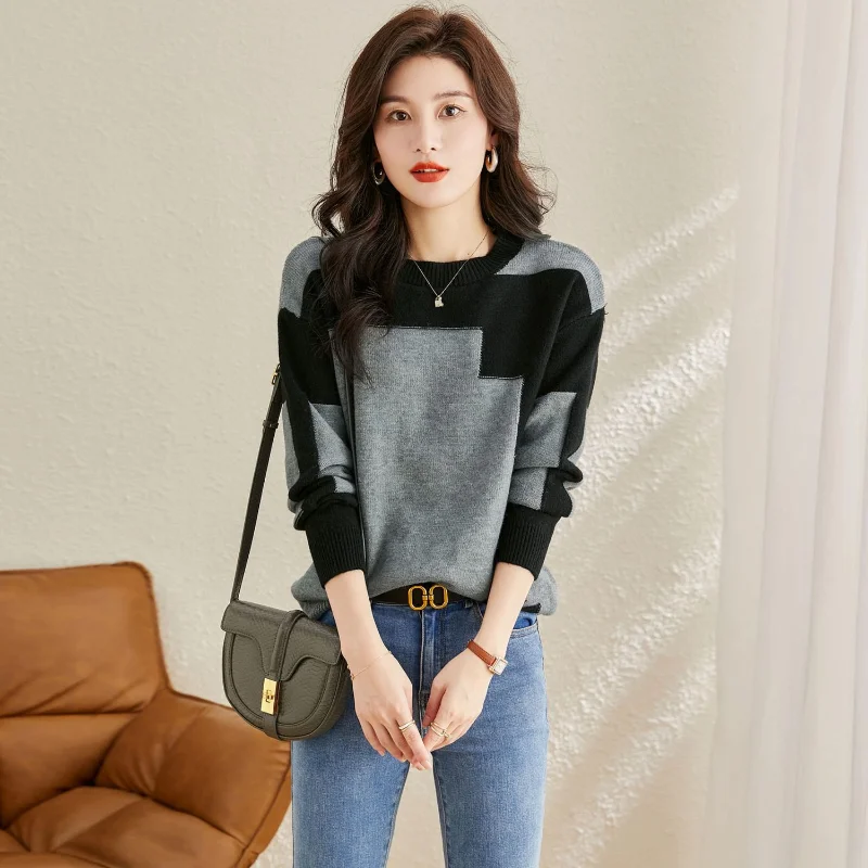 2023 Autumn/Winter New Round Neck Long Sleeve Sleeves Show Thin Contrast Knit Bottom Shirt Temperament Office Lady Women's Top 3