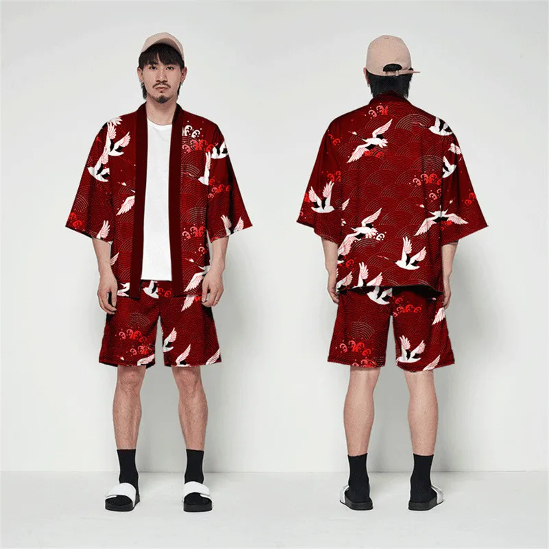 Large Size 5XL 6XL Japanese Kimono Cardigan Shorts Set Print Crane Men Women Shirt Tradition Yukata Haori Obi Cosplay Costume