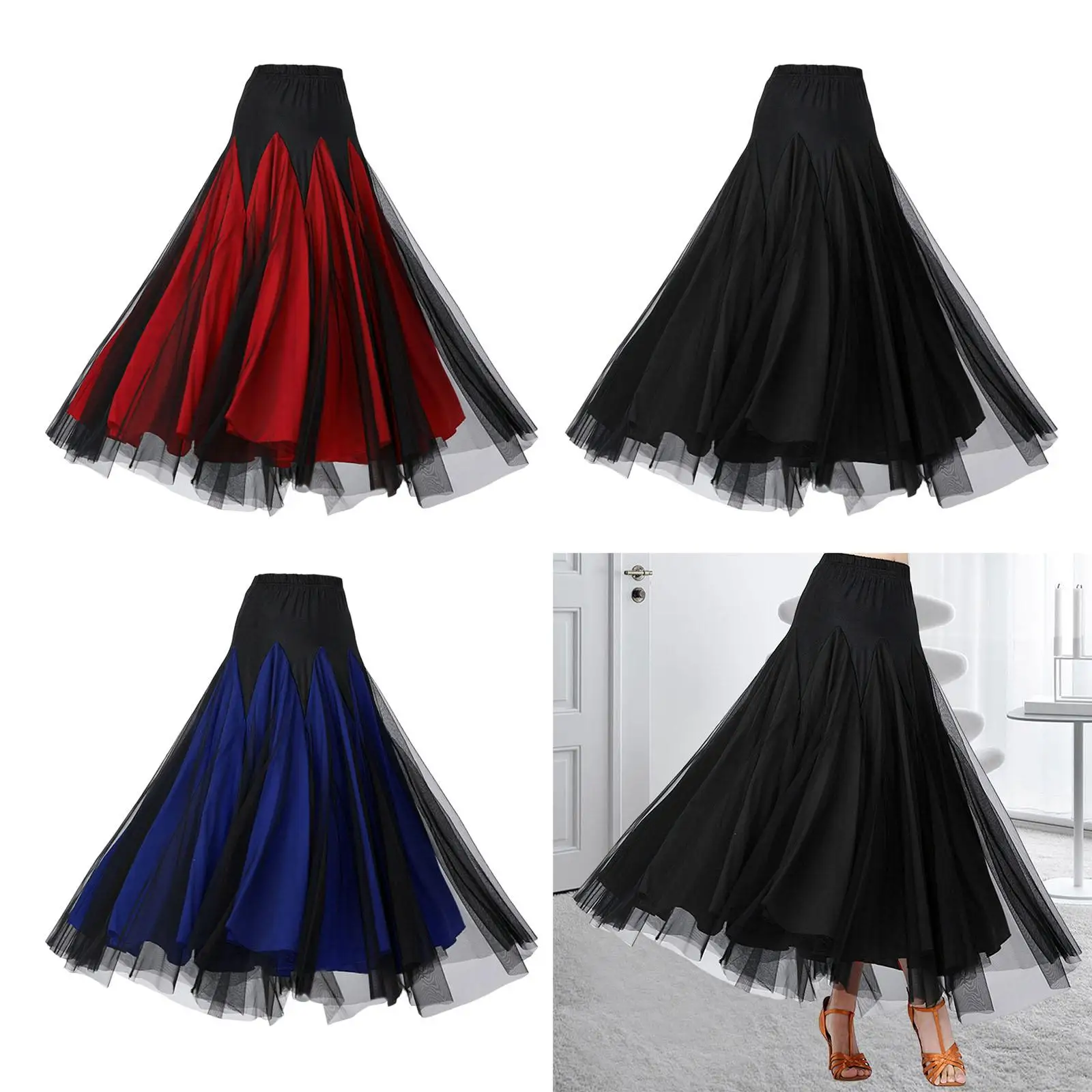 Women Ballroom Dance Skirt Latin Dance Dress Long Swing Skirt for Latin Stage Performance Party Practice Competition Show