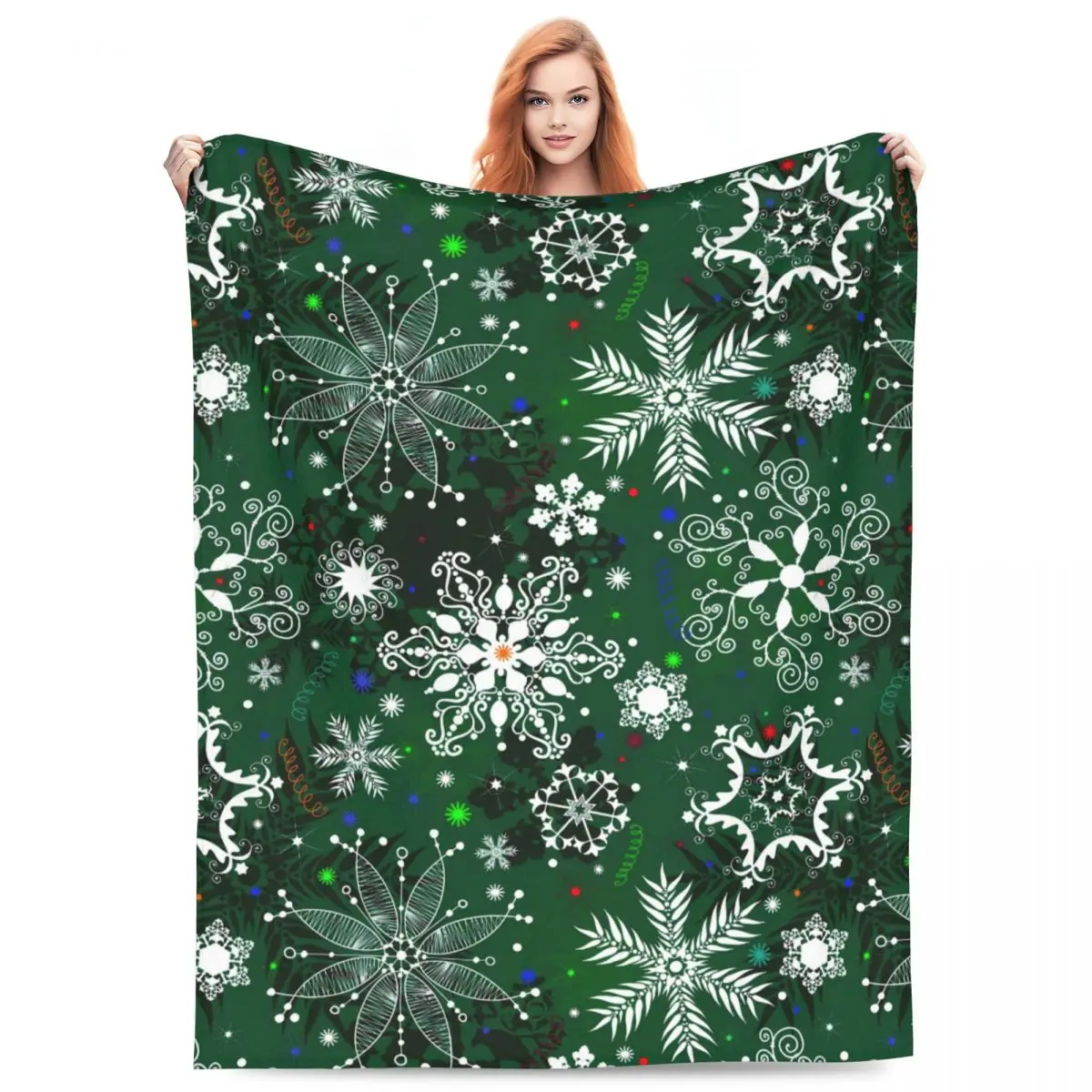 

Christmas Snowflake Flannel Blanket Green Print Soft Warm Throw Blanket for Couch Bed Airplane Travel Bedspread Sofa Bed Cover