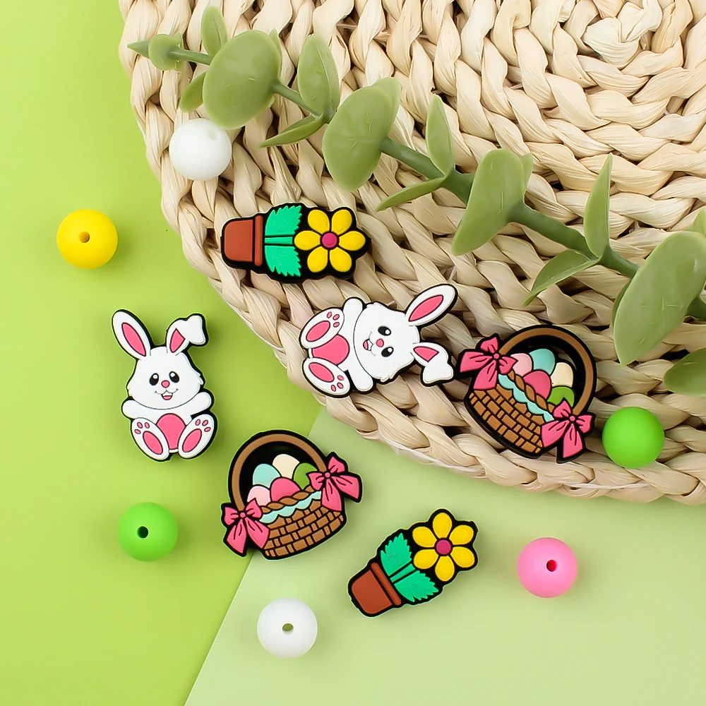 실리콘 초점 구슬 토끼 꽃 바구니, 실리콘 젖니 구슬, DIY 팔찌 쥬얼리 젖꼭지 체인 키체인 액세서리, 10 개