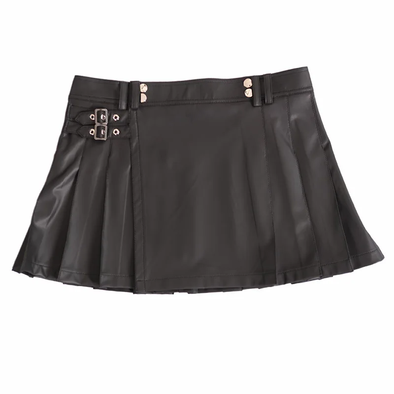 Men Sexy Stylish Skirt Faux Leather Pleated High Waist Mini Skirt Side Buckles