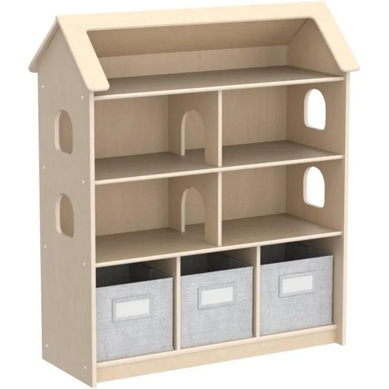 Guidecraft EdQ Dollhouse Bookcase - Natural: Kids' Wooden Organizer Shelves with Removable Storage Bins for Books 4