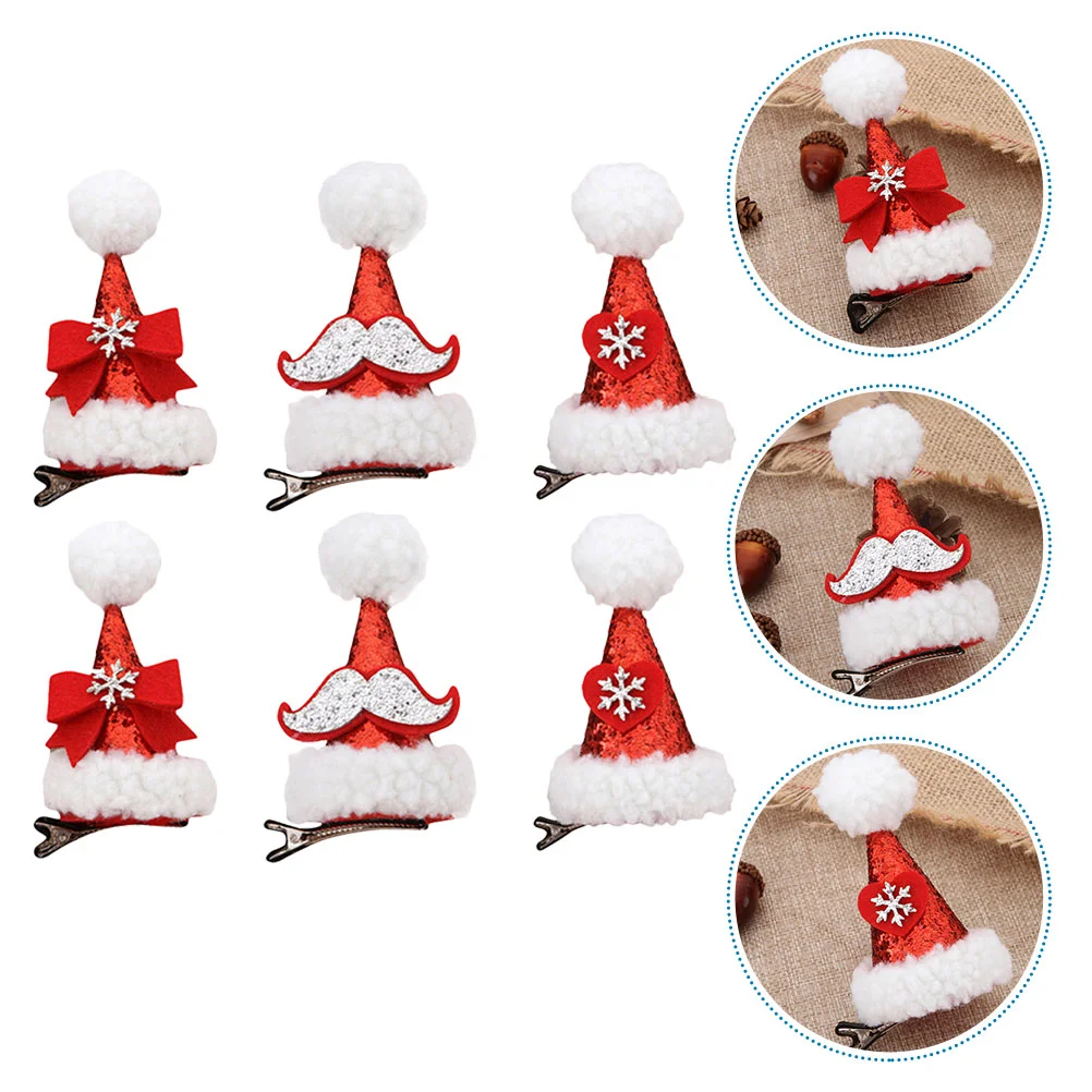 

6 Pcs Christmas Card Decorative Hair Clips Hat Barrettes Festival Flannel Hairpin