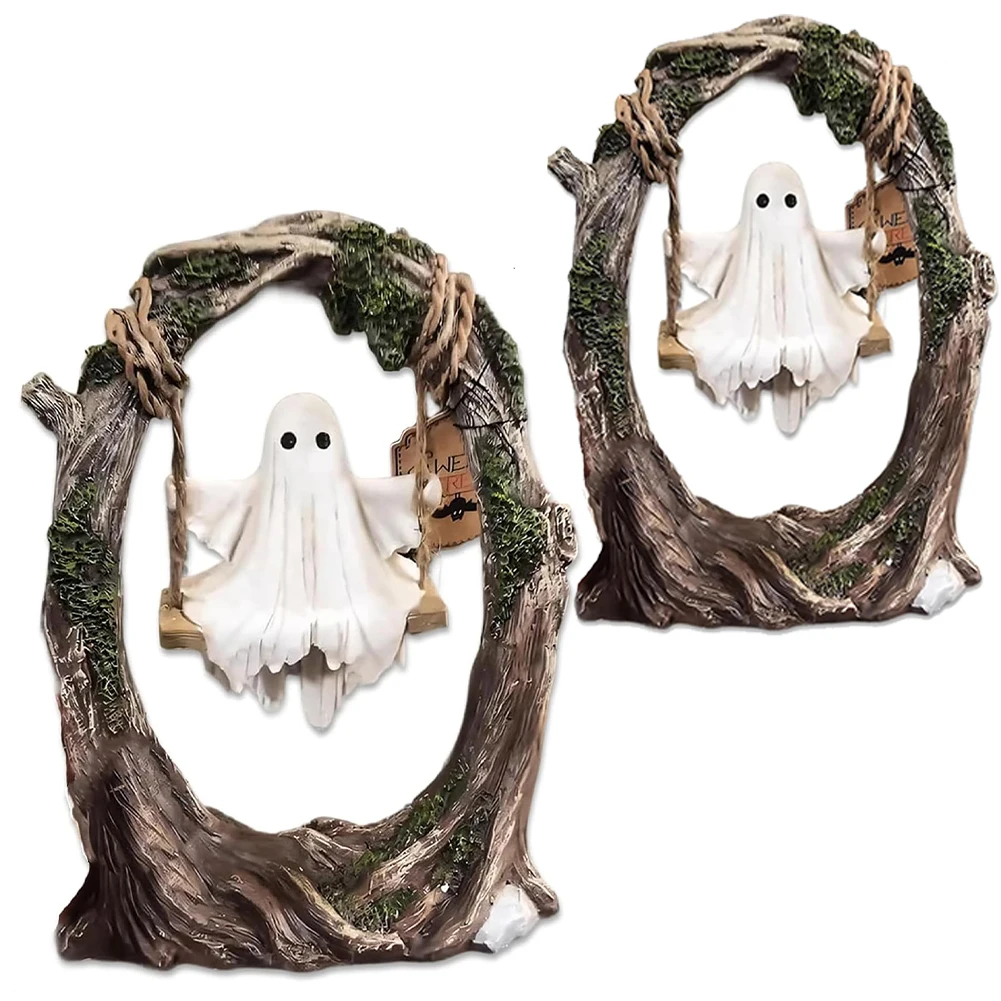 Swinging Ghost Ornament Resin Ghost on Tree Swing Statue Multi-Purpose Cute Spooky Halloween Figurine for Indoor Outdoor Porch