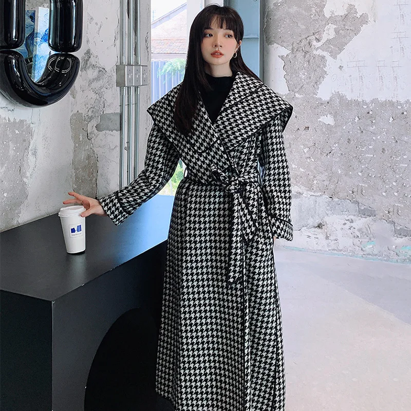 

Vintage Houndstooth Loose Women Wool Coat with Belt Autumn Winter Trendy Single Breasted Large Lapel Long Female Overcoat