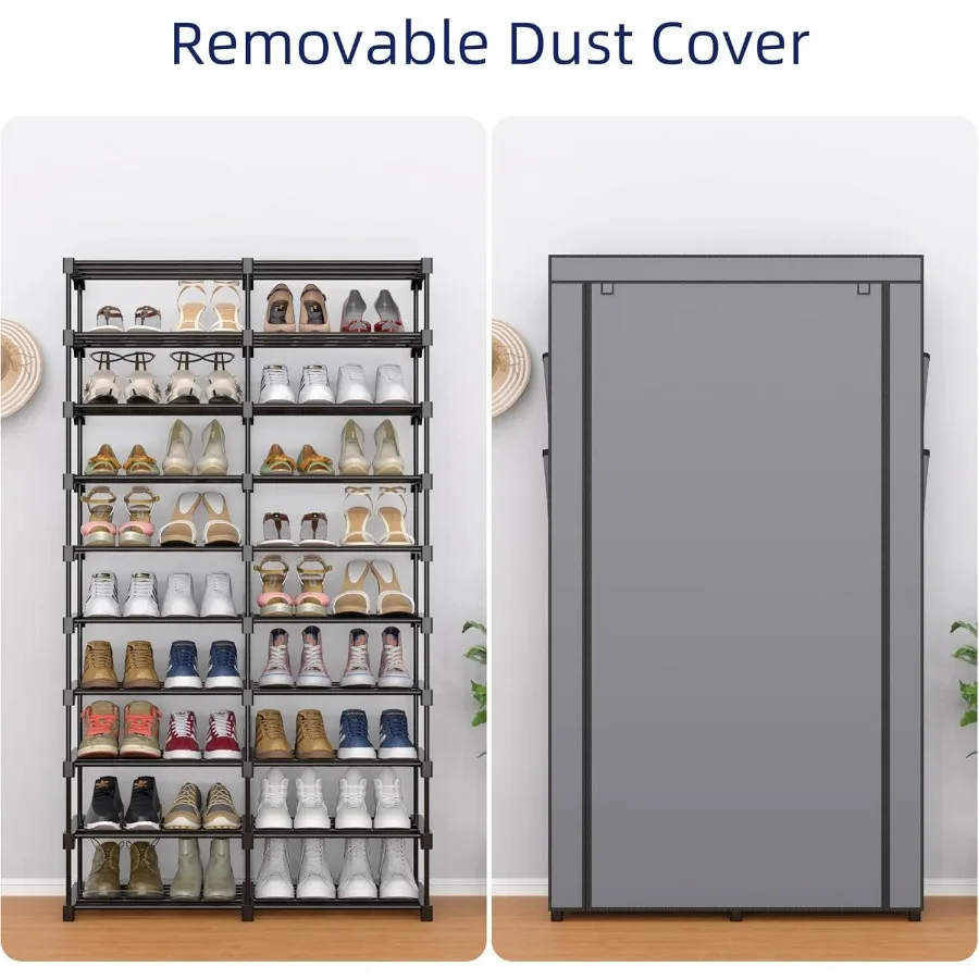 9Tier Shoe Rack 3640 Pairs Organizer with Nonwoven Fabric Cover Double Row for Closet Black Rack with Gray Cover