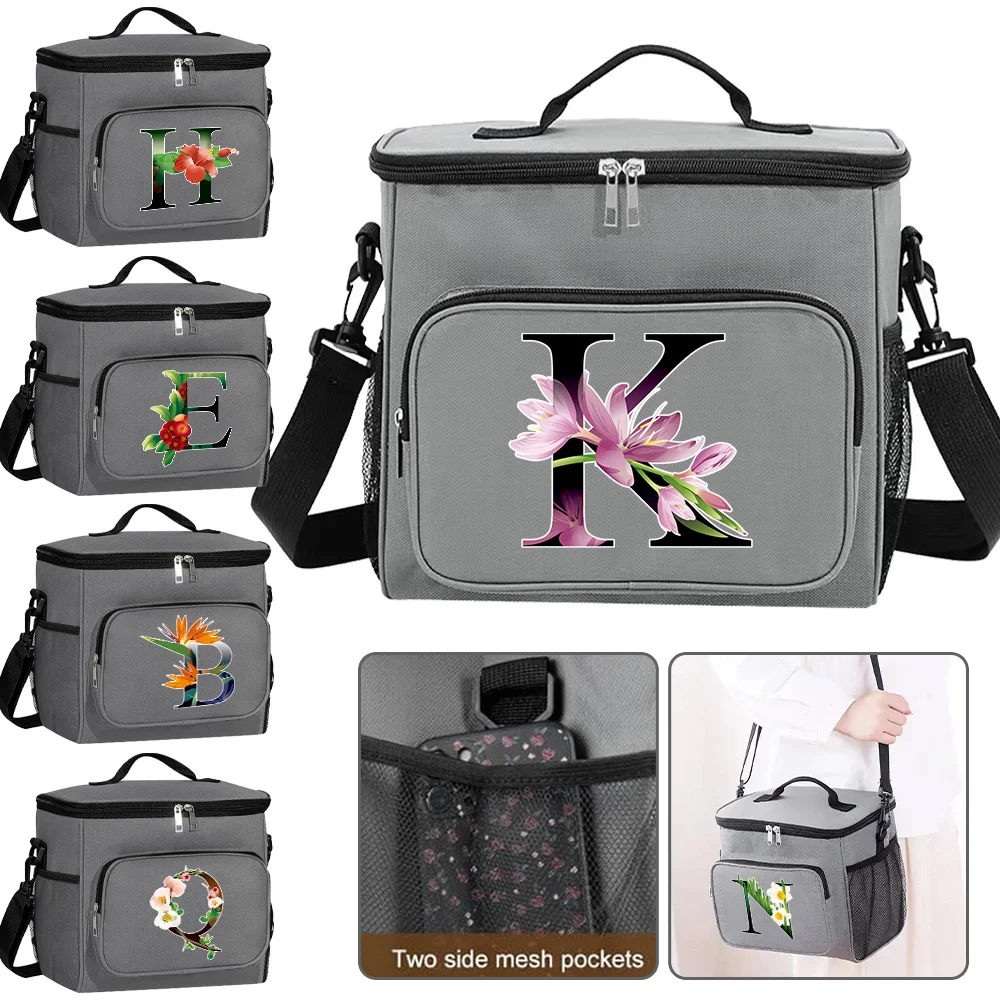 

New Flower Color Letter Series Printing Large Capacity Portable Food Storage Handbag with Oblique Shoulder Insulation Lunch Bag