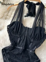 Magdalyn Women Sexy One Piece Mesh Rompers Tulle Skinny Fashion Streetwear INS Slim Catsuits Hollow Floral Combination Bodysuits - Image 3