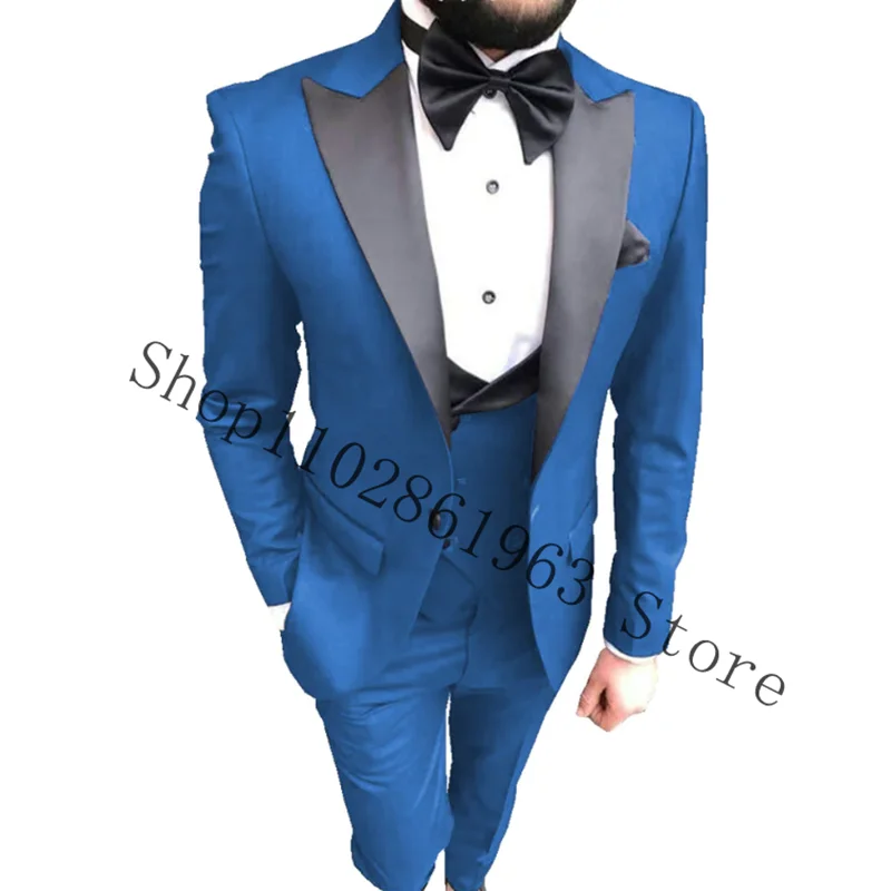 3 Pieces Black Mens Suits Slim Fit Peak Lapel Tuxedos For Wedding Formal Groom Wear Blazer+vest+Pants Costume Homme Mariage