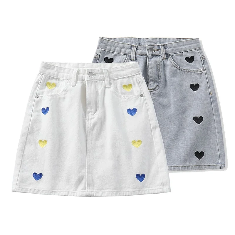 Korean Fashion High Waist Denim Skirt Women Harajuku Preppy Style Love Embroidery Y2k Mini Skirts Cute Sweet Saia Faldas Kawaii