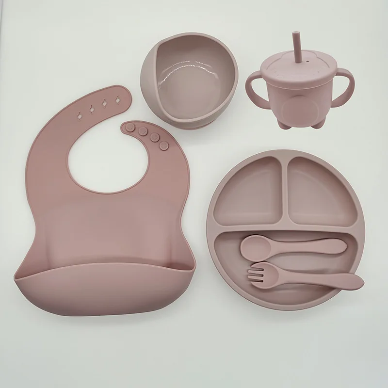 8pcs Baby Feeding Set Food-grade Silicone Baby Tableware Set with Suction Plate Suction Bowl Spoon Fork Drink Cup Adjustable Elephant Bibs BPA-Free