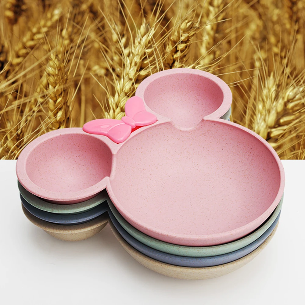 Baby Dishes Tableware Set Wheat Straw 3Pcs/set Cartoon Kids Dinner Plates Baby Feeding Plate Training Bowknot Bowl Spoon Fork baby tableware set