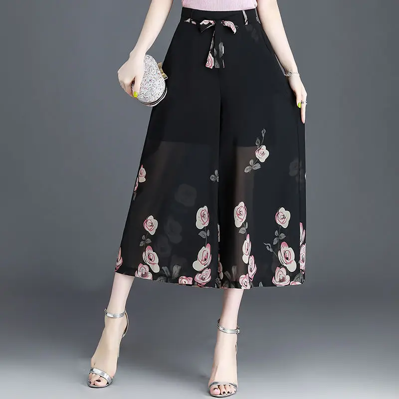 Summer Women Pants High Elastic Waist Print Skirt Trouser Wide-legged Pants Chiffon Nine-minute Pants Korean Black Pants