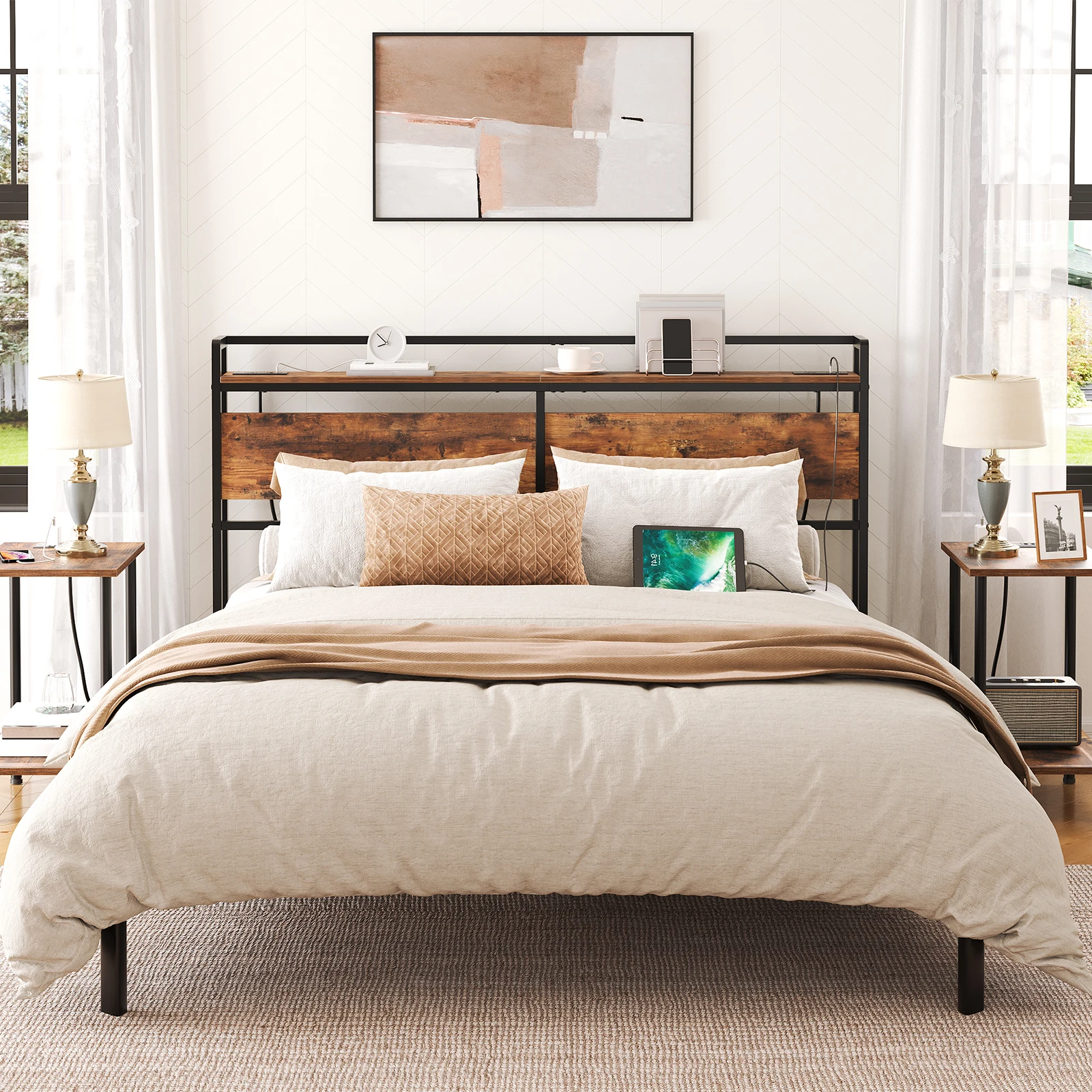 Headboard Queen Size, Headboard with 2 Outlets and 4 USB Ports, Adjustable Height, Storage Rack, Sturdy and Stable Headboard Queen Size, Headboard with 2 Outlets and 4 USB Ports, Adjustable Height, Storage Rack, Sturdy and Stable