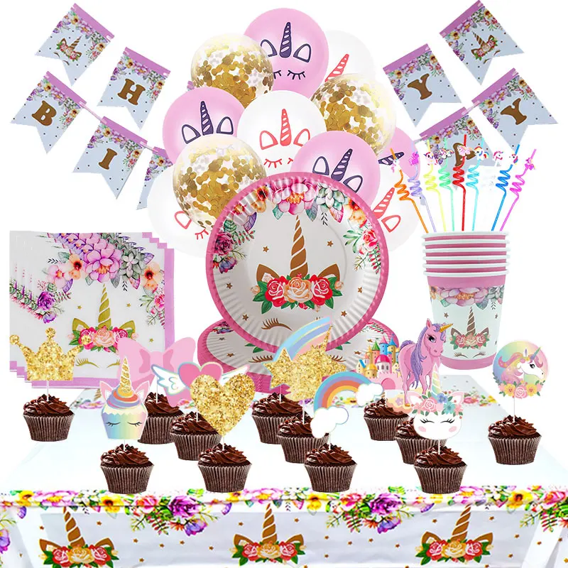 Unicorn Birthday Party Supplies Unicorn Theme Paper Cups Plates Cake Toppers Girl Birthday Party Decoration Supplies