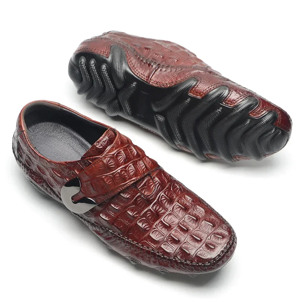 XEBOS Luxury Designer Original Brand Men Casual Shoes Soft Real Cow Leather Loafers Crocodile Pattern Embossed Velcro Monk Shoe 2