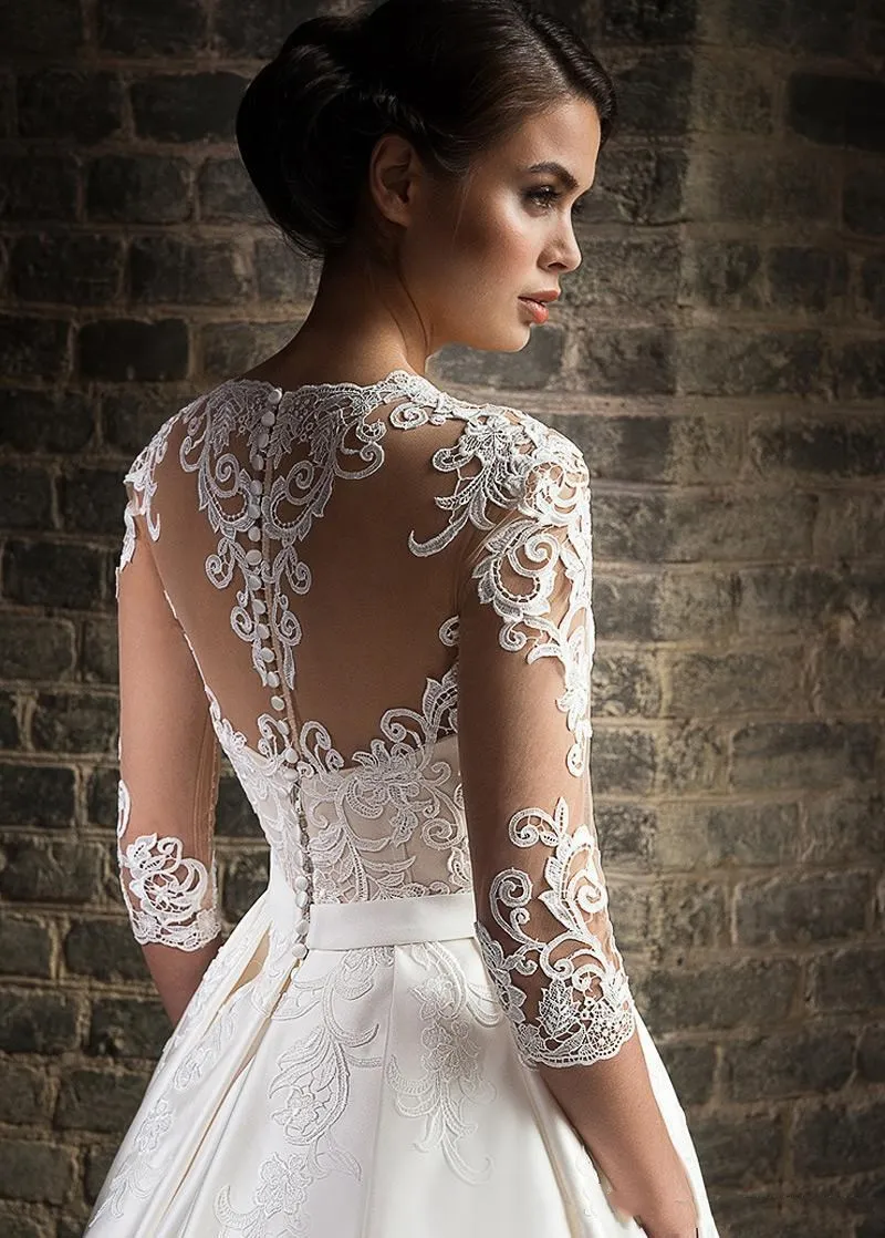 Elegant Lace Wedding Dresses vestido de novia 2022 Half Sleeves V-Neck Bride Dress Sweep Train Pockets Customize Robe De Mariee 3
