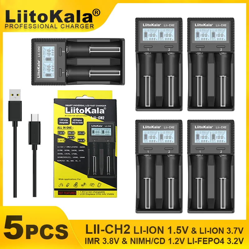 

5pcs.LiitoKala Lii-CH2 1.5V AA AAA Li-ion Lithium Rechargeable Battery Smart Charger For 3.2V 3.7V 18650 21700 26650 26700 18350