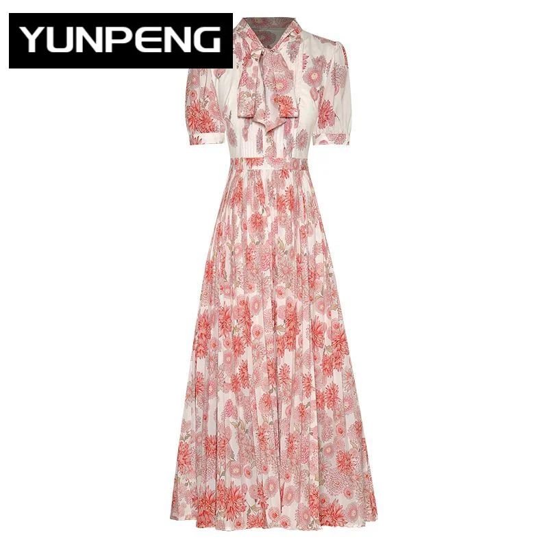

2023 Runway Luxury Brand High Quality Summer Dress Women Lace Up Collar Short Sleeve Flowers Print Vintage Pleated Dresses