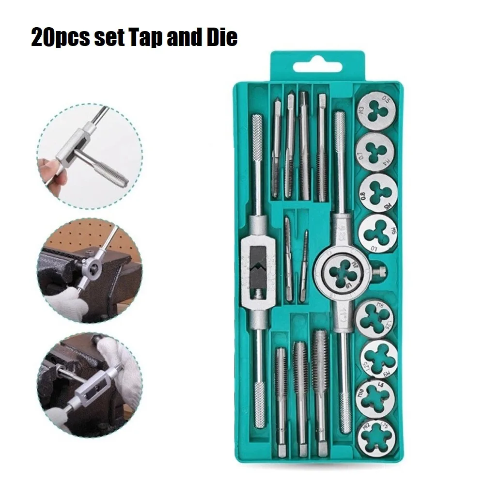 

T50 20pcs Metric Taps And Dies Set M3-M12 Screw Thread Tap Die Wrench Alloy Steel Screw Thread Plugs Straight Taper Reamer Tools