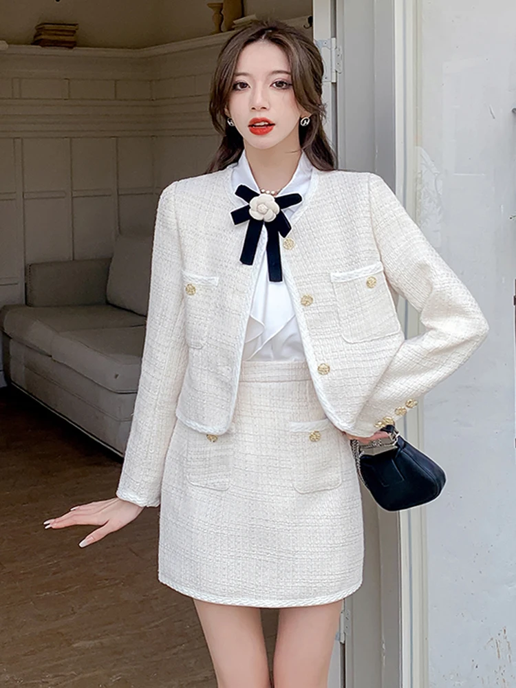 

High Quality Female Elegant Skirt Suits New Solid Autumn Tweed Two Piece Set Women Outfits O Neck Long Sleeve Top+Mini Skirt Set