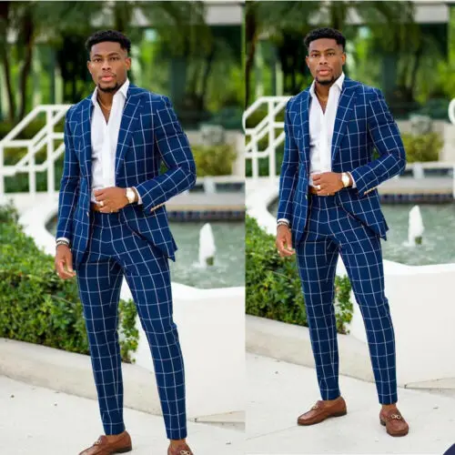 

Blue Check Business Men Suit Slim Fit Groom Wedding Tuxedos Prom Tailor Notch Two Pieces 2Pieces Jacket and Pants