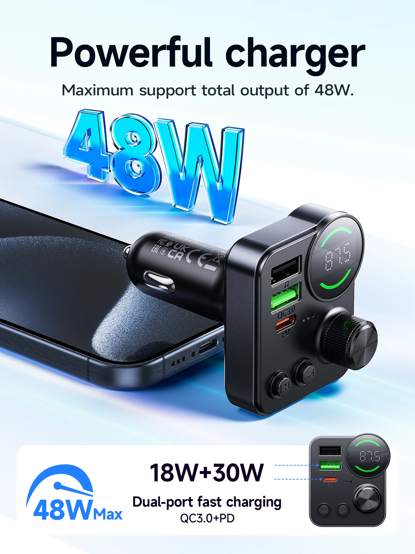 HOCO E86 48W Bluetooth 5.4 Car FM Transmitter with PD 30W & QC3.0