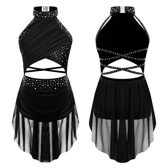 IEFiEL Girls Sparkly Rhinestone Ballet Lyrical Dress Irregular Hem