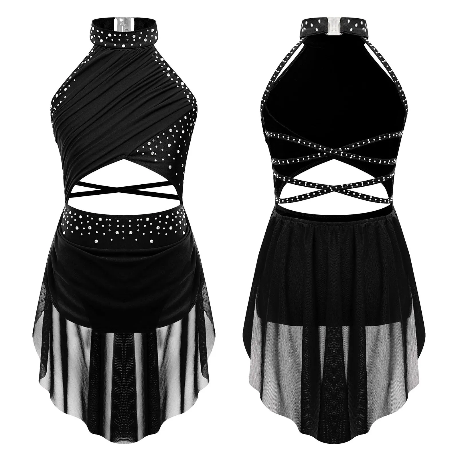 thumbnail image 1 of Vestido de leotardo superpuesto con espalda descubierta y tiras para niños y niñas, traje de actuación de baile latino lírico con diamantes de imitación brillantes, 1 of 5