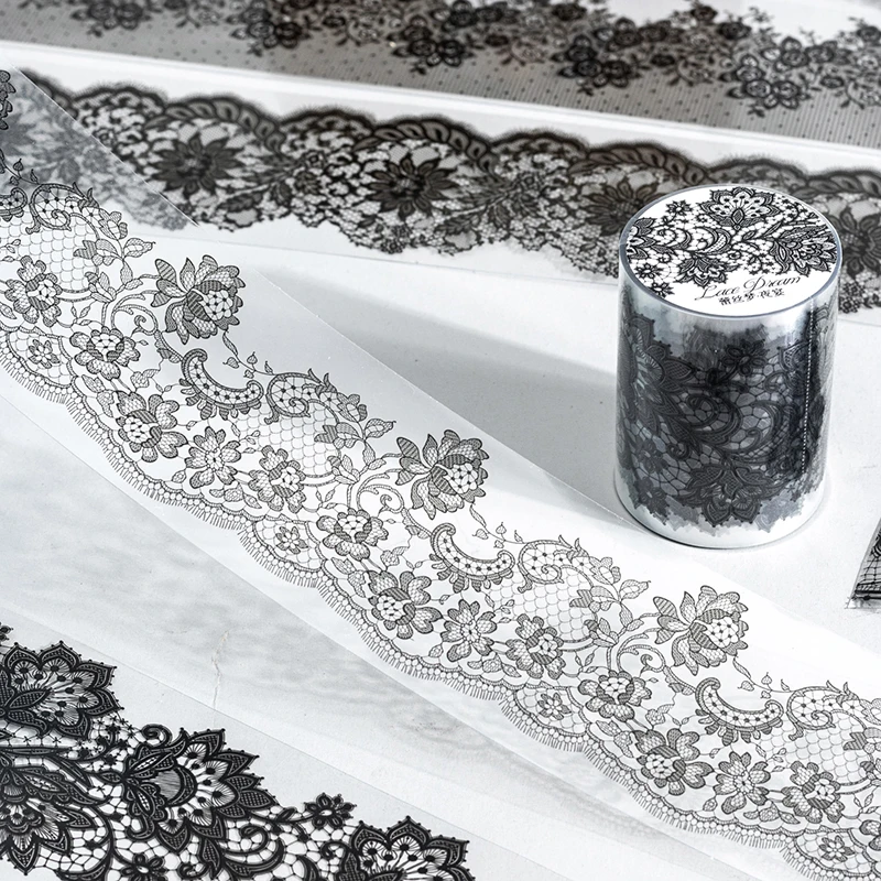 55mm*2m Black White Lace PET Tapes DIY Scrapbooking Junk Journal Aesthetics Decor Diary Collage Masking Tape Stationery Supplies 4