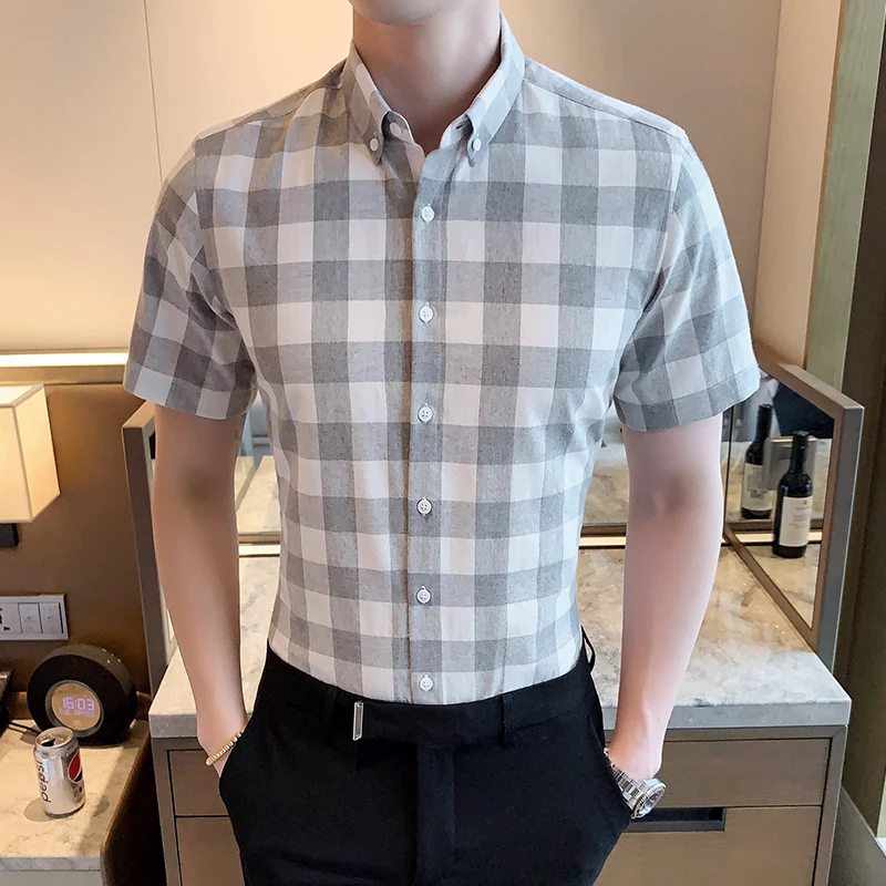 

Men's plaid shirt short sleeve cotton casual slim shirt buckle men's dress shirt business shirt short skirt/ mens shirts