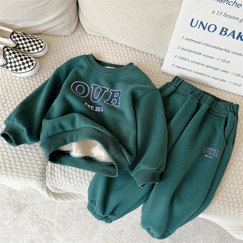 Baby Girl Boy Fleece Inside Clothes Set Hoodie+Pant Child Long Sleeve Clothing Suit Casual Letter Pullover Baby Clothes 18M-7Y