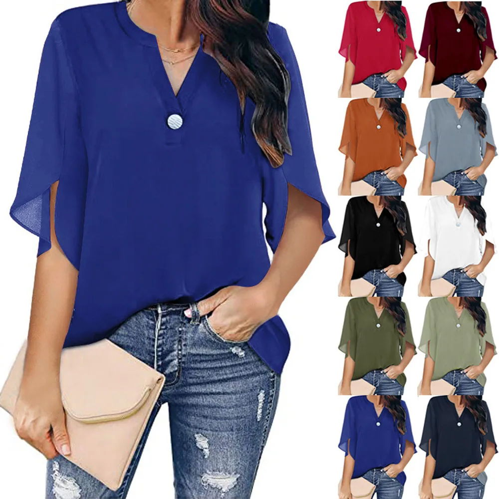 Women Chiffon V Neck Loose Blouse Top Summer Casual