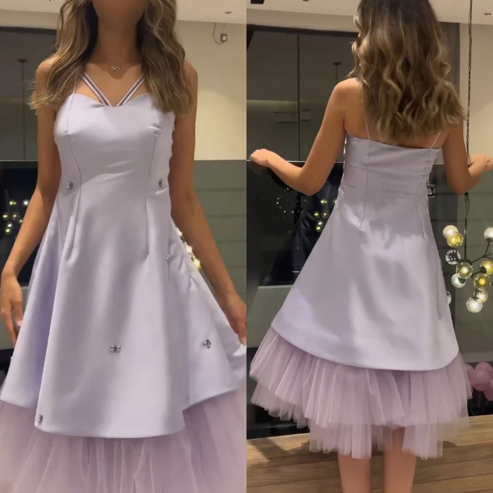 

Elegant High Quality Spaghetti Strap A-line Knee Length Evening Dress Formal Ocassion Gown Rhinestone Satin vestidos de noite
