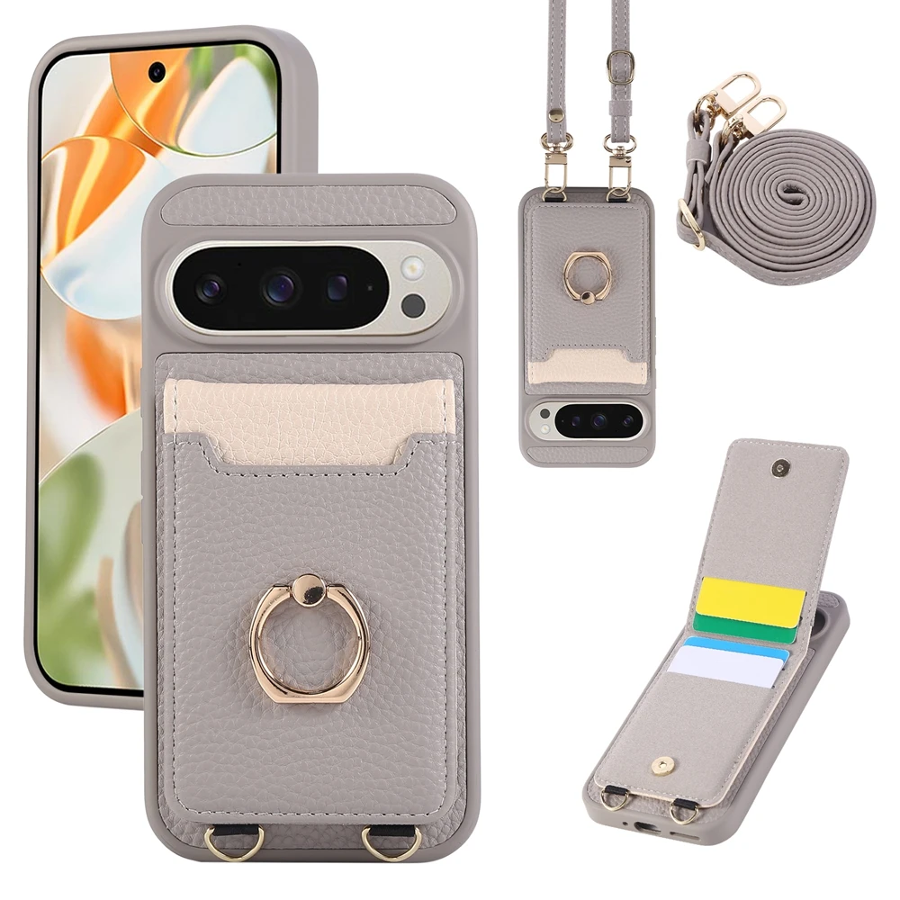 Premium Crossbody Leather Phone Case with Ring Bracket, Card Holder, and Lanyard Strap