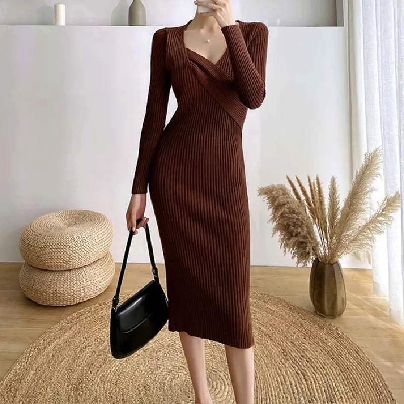 

Winter Women Slim V-Neck Dress Solid Long Sleeve Skinny Mid-Calf Dresses Ladies Knitted Split Package Hip Vestidos Female