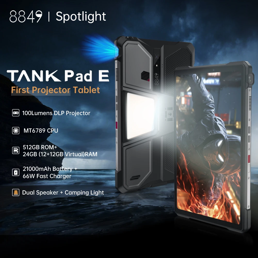 Unihertz 8849 TANK Pad E IP68 Tablet 120Hz 10.95'' 1080p FHD Display Helio G99 12GB RAM 512GB ROM 21000mAh Battery 66W DLP 2