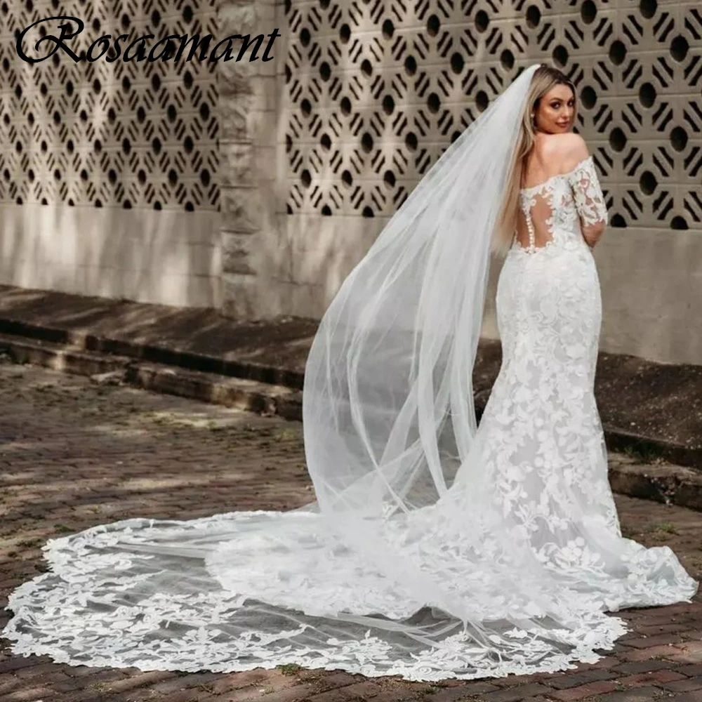 

Country Illusion Back Long Sleeve Mermaid Wedding Dresses Off The Shoulder Appliques Lace Bridal Gowns Robe De Mariée