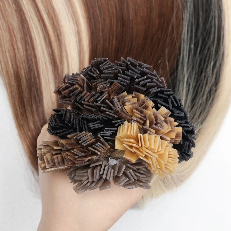 플랫 팁 케라틴 인간의 머리카락 확장 핫 퓨전 헤어 1x0.8cm 이탈리아어 프리 본드 14-24 인치 1B 브라운 블론드 실버